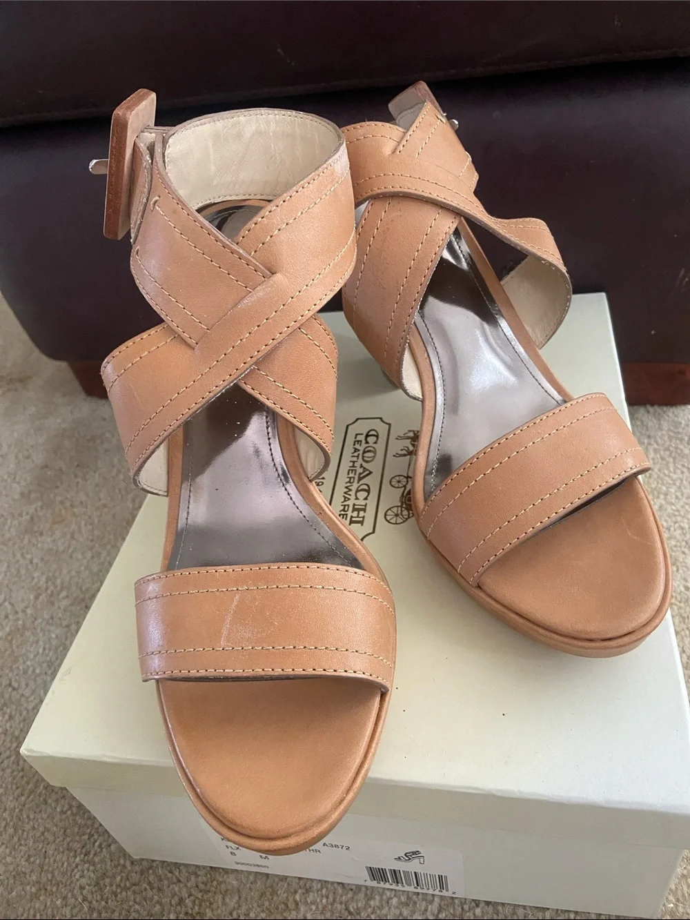 Coach Tan Leather Cross-Strap Ankle Buckle sandals
